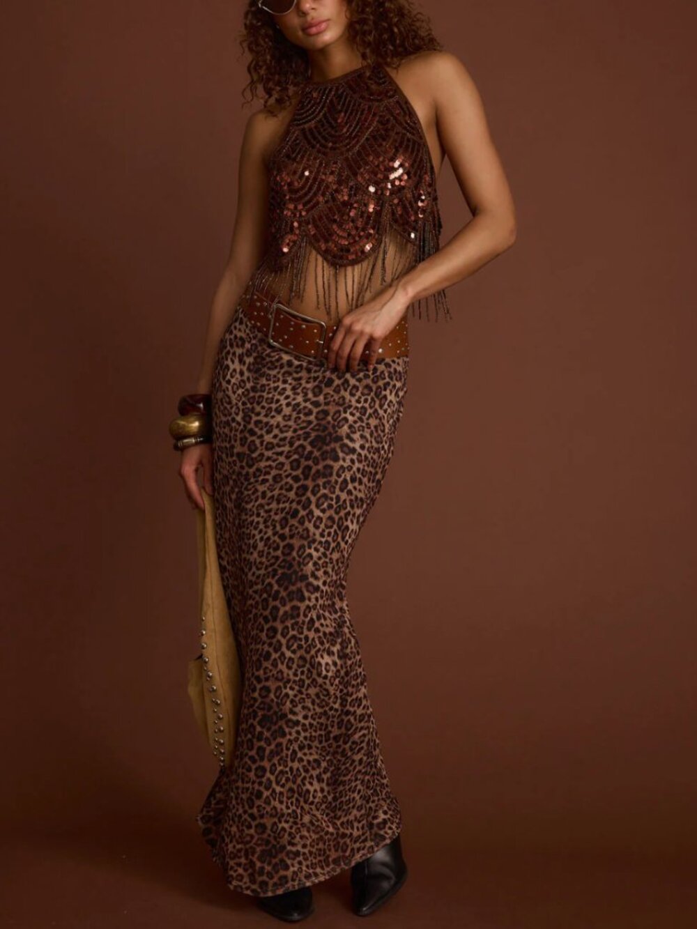 12th Tribe Julia Leopard Print Maxi Skirt Size L NWT